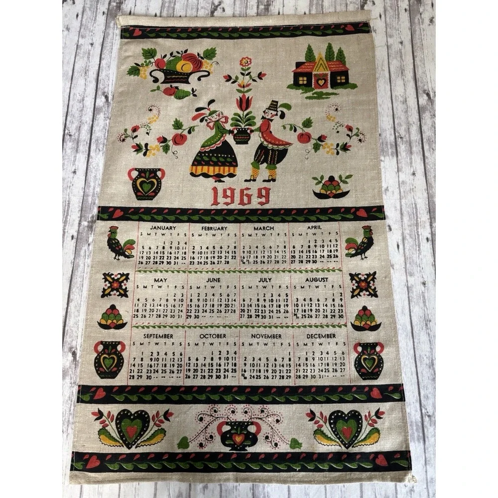 1969 Vintage MCM Linen Calendar Tea Towel Wall Hanging Dutch Folk Art
